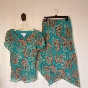 SagHarbor 🌞067 Women's Set Skirt and Blouse 8 Preowned Green and Brown Lined